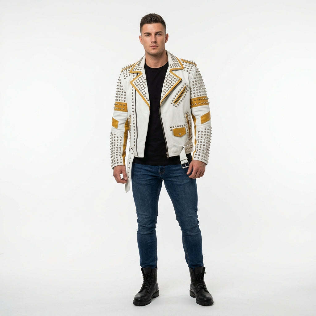 Men's Leather Biker Jacket with Studs Motorcycle Coat