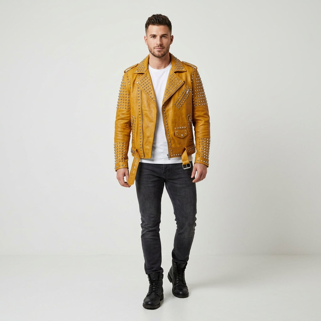 Men's Studded Moto Leather Jacket Genuine Leather Jacket