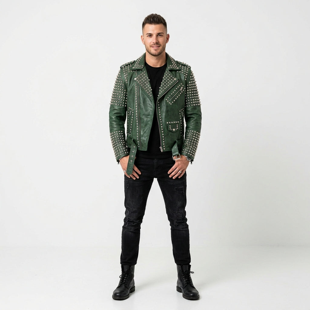 Men's Punk Studded Leather Jacket Classic Motorcycle Rider Jacket