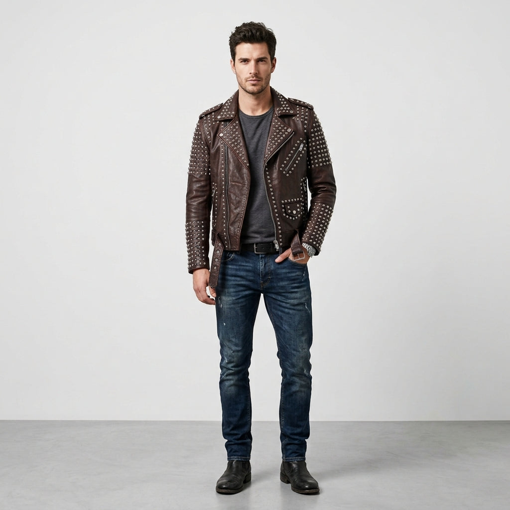 Men's Luxury Studded Leather Jacket Premium Rock & Roll Biker Jacket