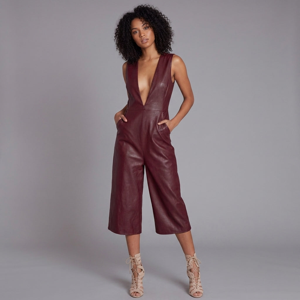 Women's Maroon Plunge Leather Romper