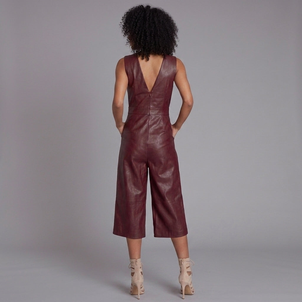 Women's Maroon Plunge Leather Romper