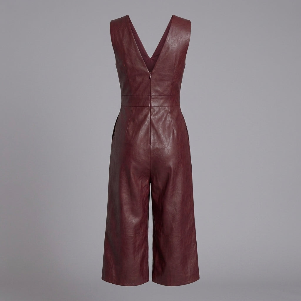 Women's Maroon Plunge Leather Romper