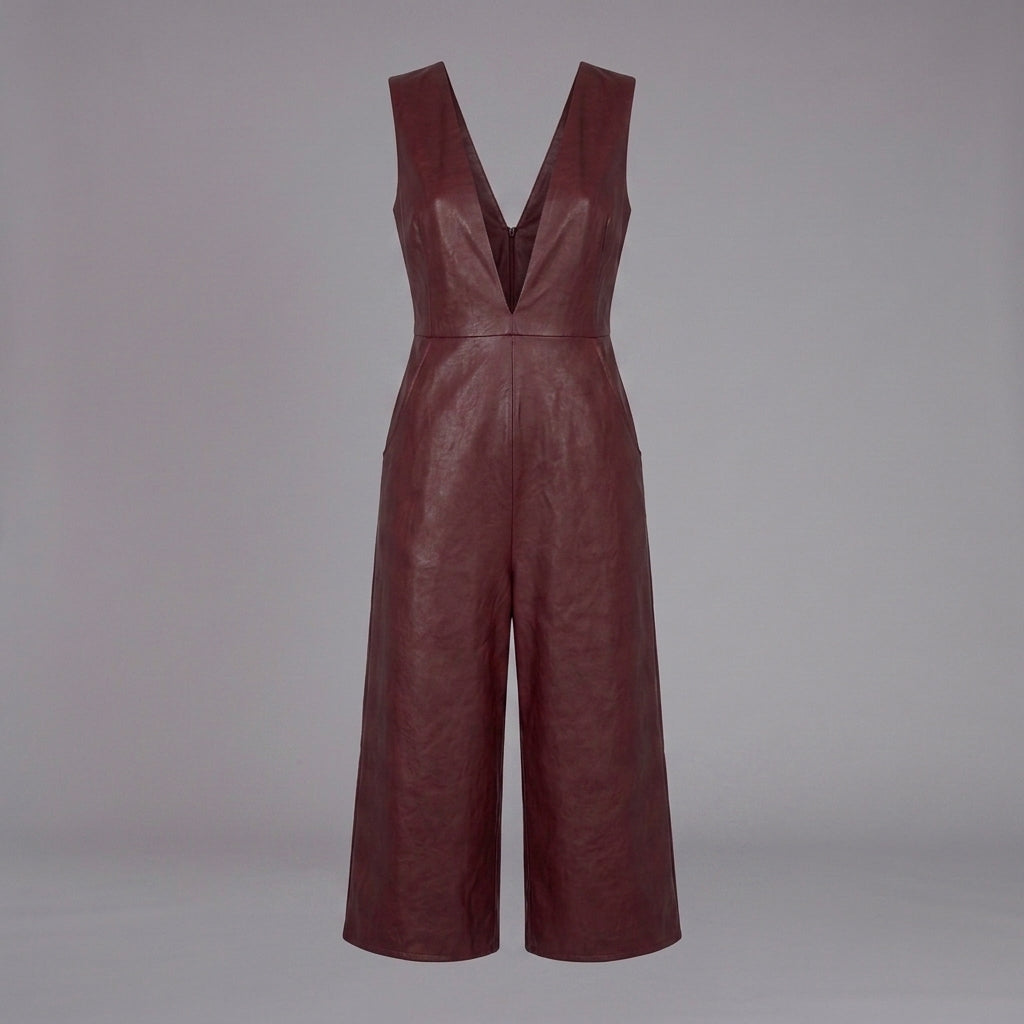 Women's Maroon Plunge Leather Romper