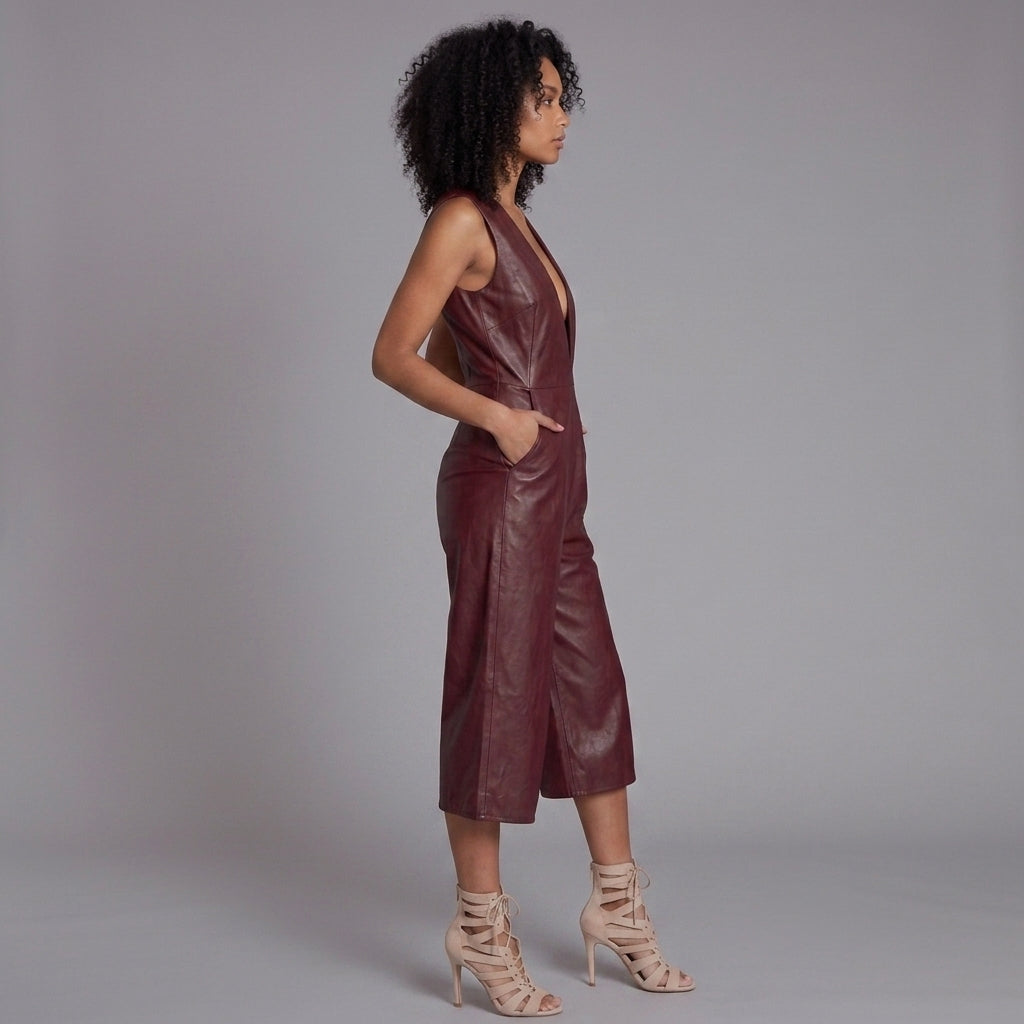 Women's Maroon Plunge Leather Romper