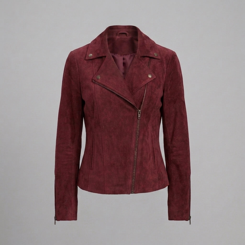 Women's Maroon Suede Biker Jacket