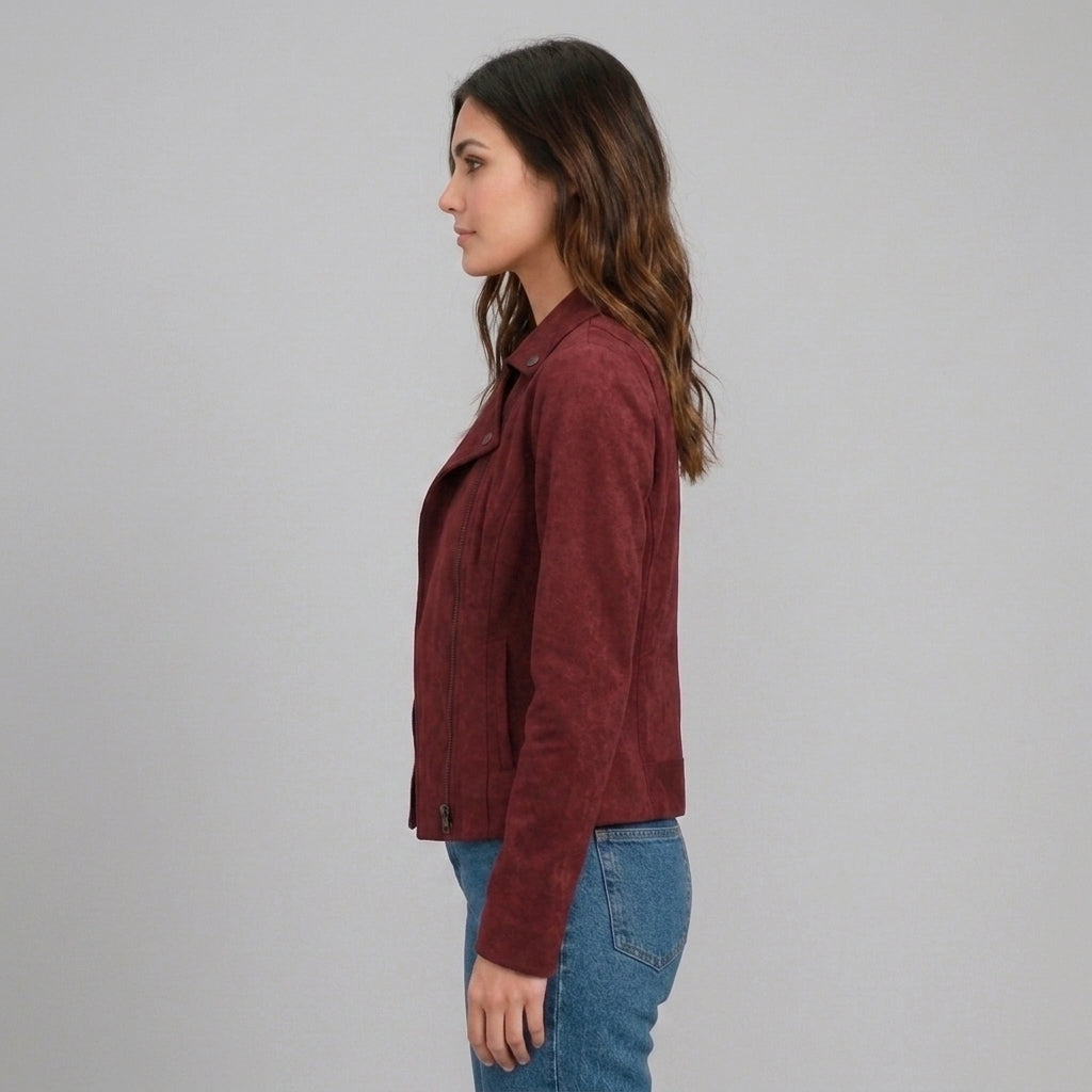 Women's Maroon Suede Biker Jacket