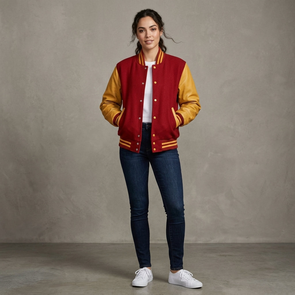Women's Maroon & Gold Leather Varsity Jacket