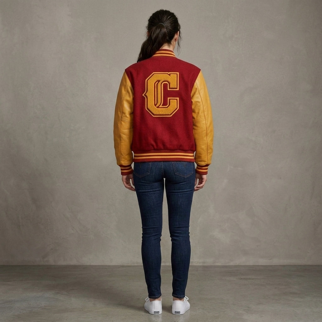 Women's Maroon & Gold Leather Varsity Jacket