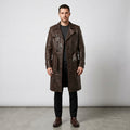 Men's Brown Double-Breasted Leather Trench Coat with Shearling Collar