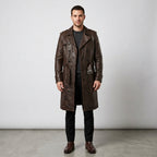 Men's Brown Double-Breasted Leather Trench Coat with Shearling Collar