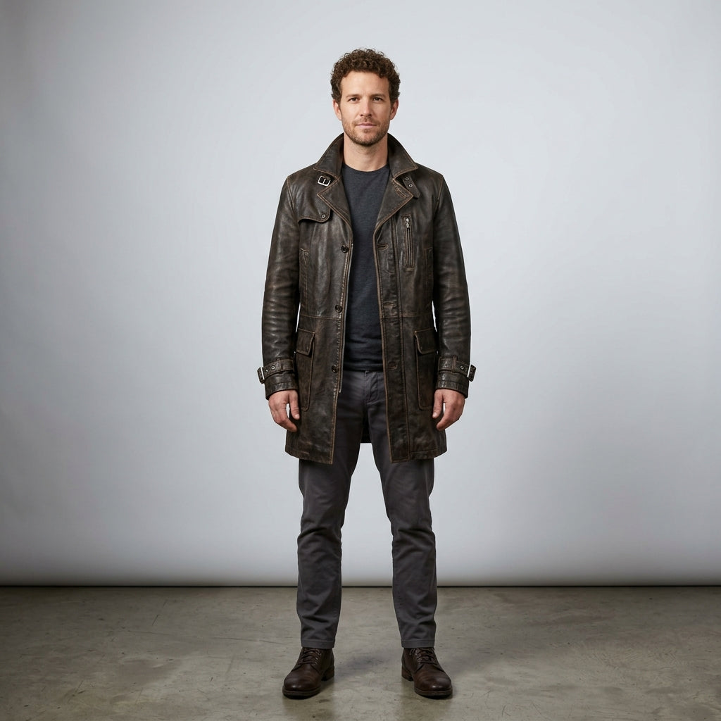 Men's Vintage Distressed Brown Double-Breasted Leather Trench Coat