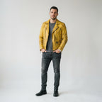 Men's Asymmetrical Leather Jacket – Vintage Mustard Yellow