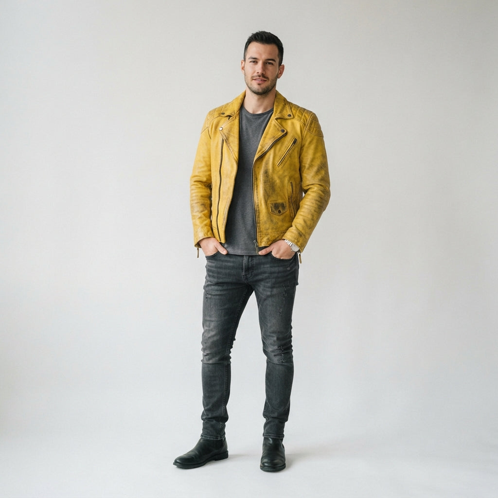 Men's Asymmetrical Leather Jacket – Vintage Mustard Yellow