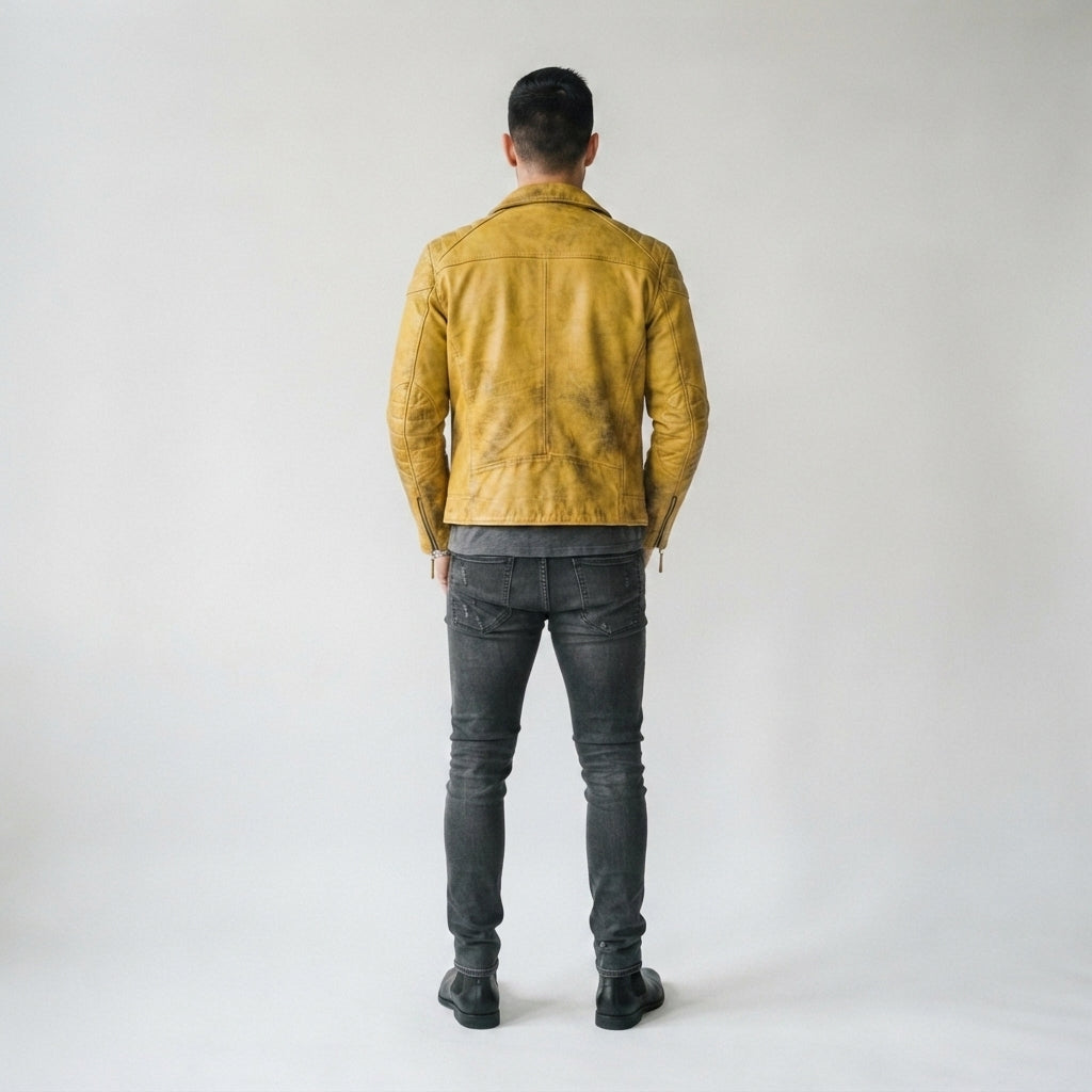 Men's Asymmetrical Leather Jacket – Vintage Mustard Yellow