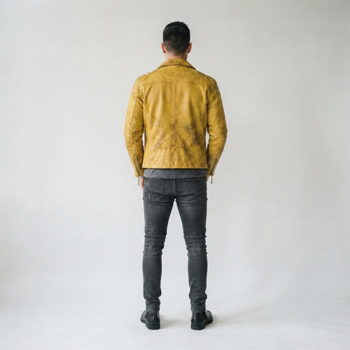Men's Asymmetrical Leather Jacket – Vintage Mustard Yellow