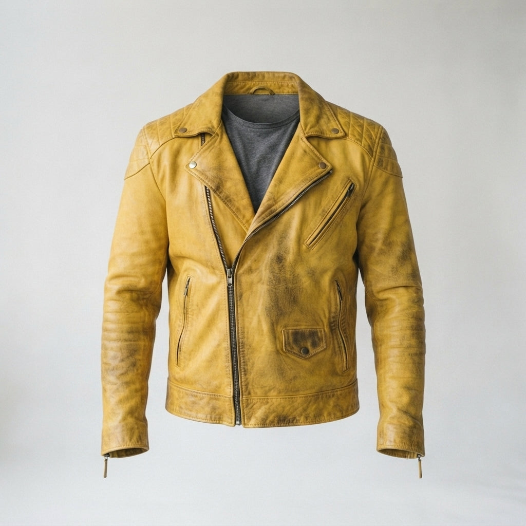 Men's Asymmetrical Leather Jacket – Vintage Mustard Yellow