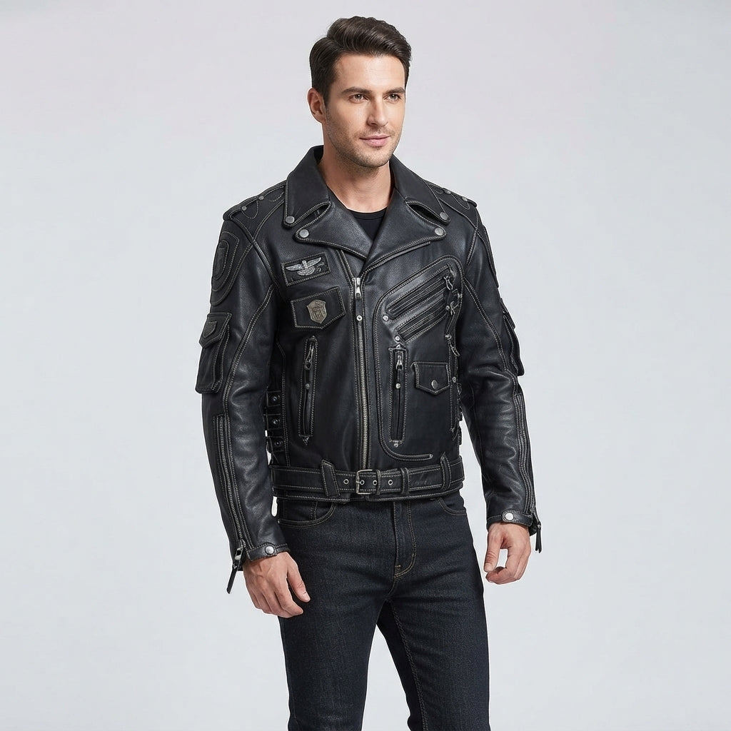 Patched Asymmetrical Black Leather Biker Jacket