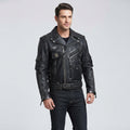 Patched Asymmetrical Black Leather Biker Jacket