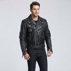 Patched Asymmetrical Black Leather Biker Jacket