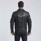 Patched Asymmetrical Black Leather Biker Jacket