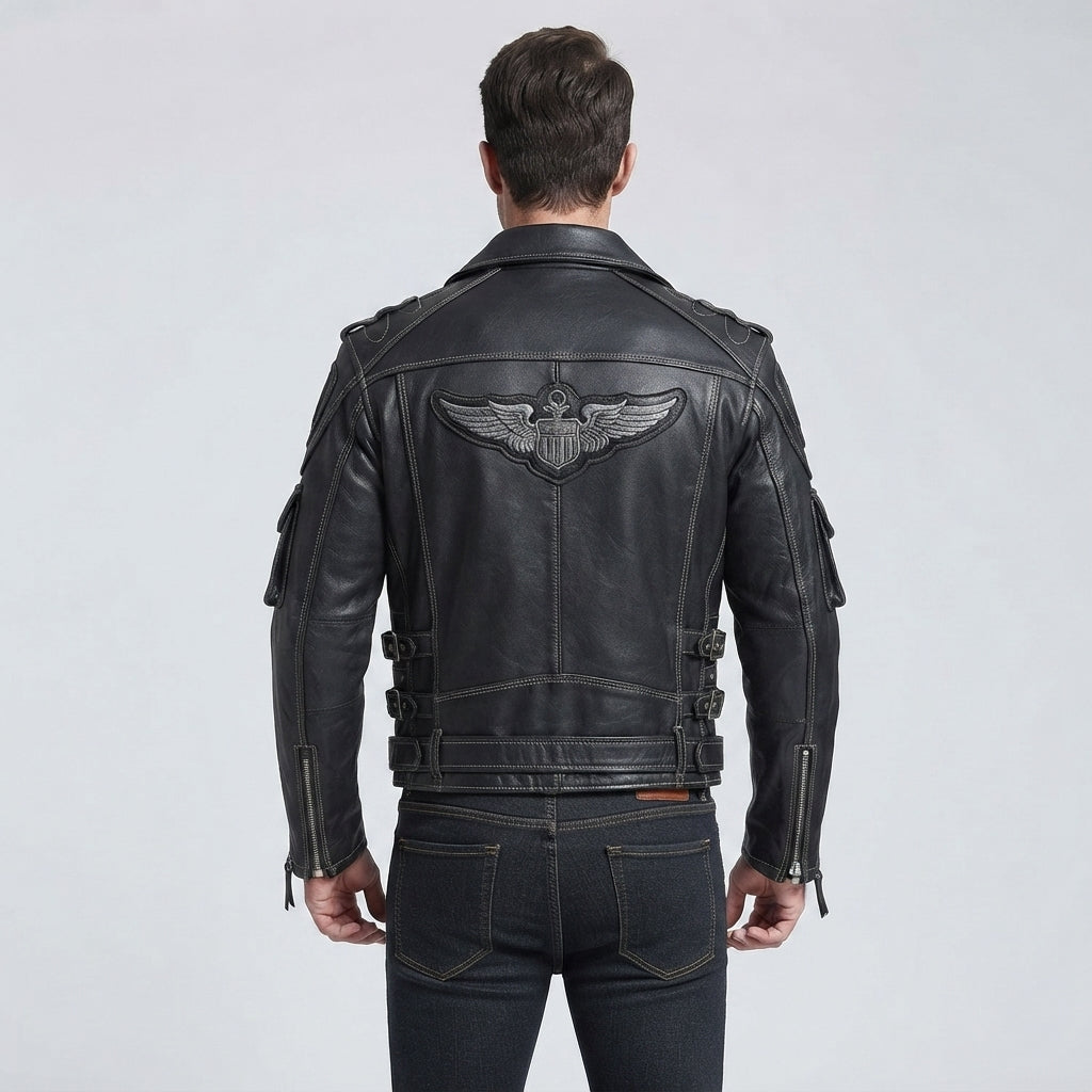 Patched Asymmetrical Black Leather Biker Jacket