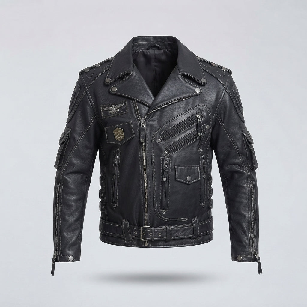 Patched Asymmetrical Black Leather Biker Jacket