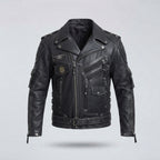 Patched Asymmetrical Black Leather Biker Jacket