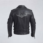 Patched Asymmetrical Black Leather Biker Jacket