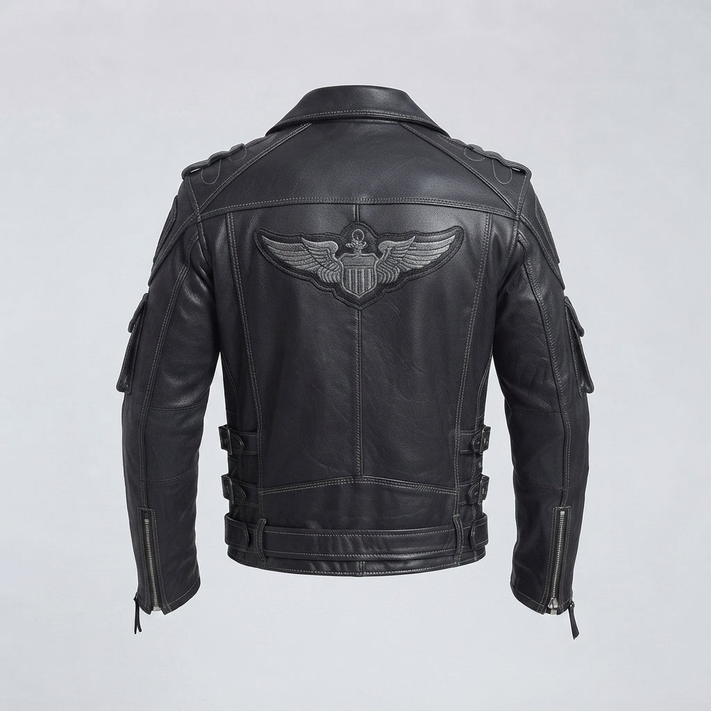 Patched Asymmetrical Black Leather Biker Jacket