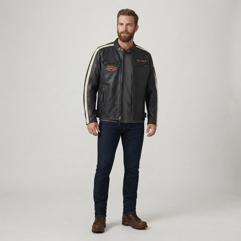 Men's Black Cafe Racer Leather Jacket – Sleeve Stripe Edition