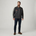 Men's Black Cafe Racer Leather Jacket – Sleeve Stripe Edition