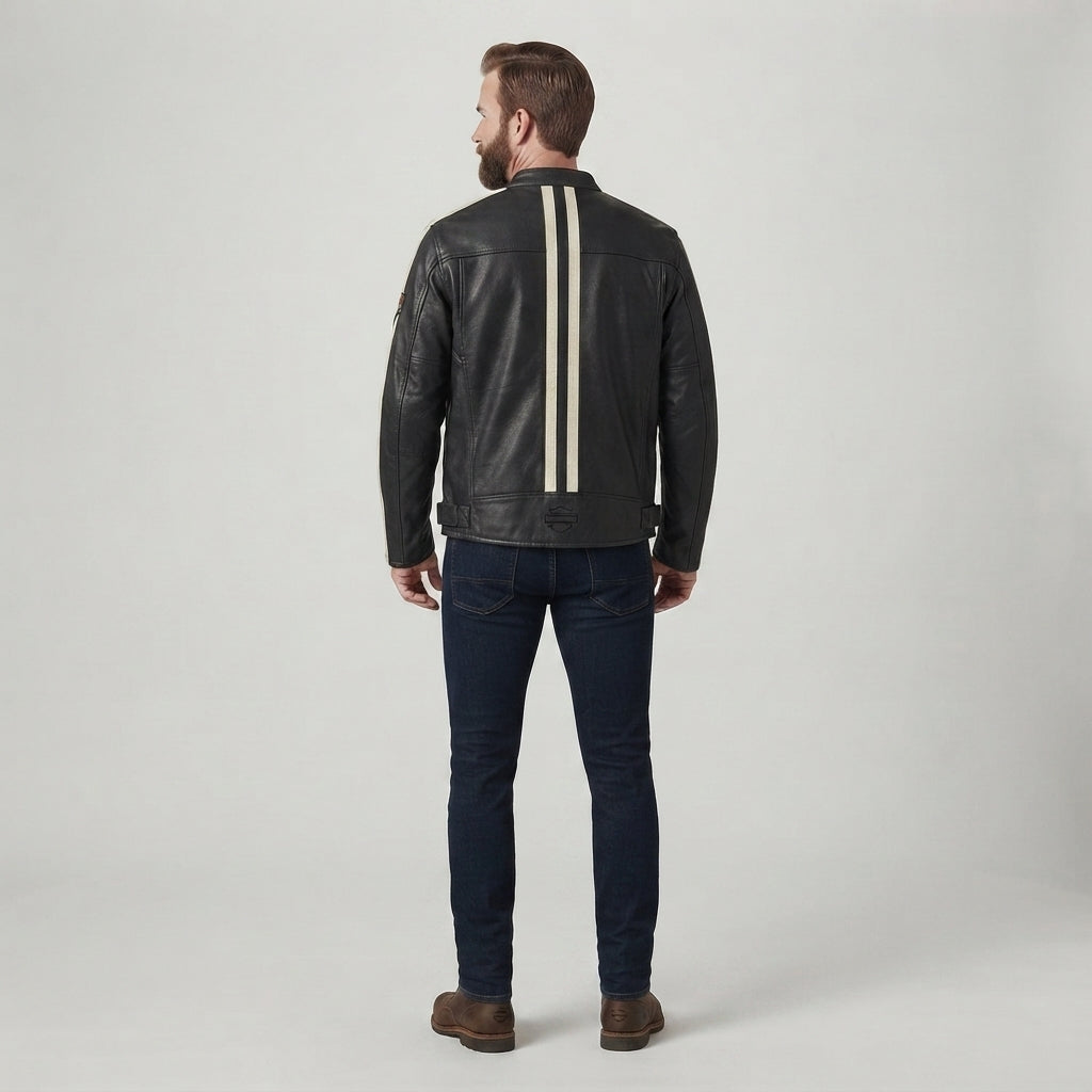 Men's Black Cafe Racer Leather Jacket – Sleeve Stripe Edition