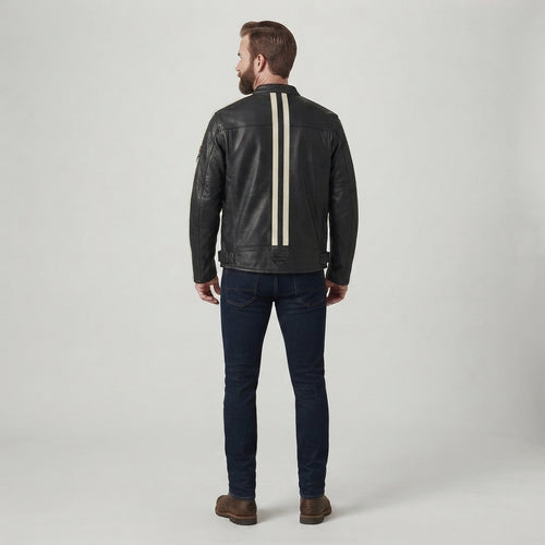 Men's Black Cafe Racer Leather Jacket – Sleeve Stripe Edition