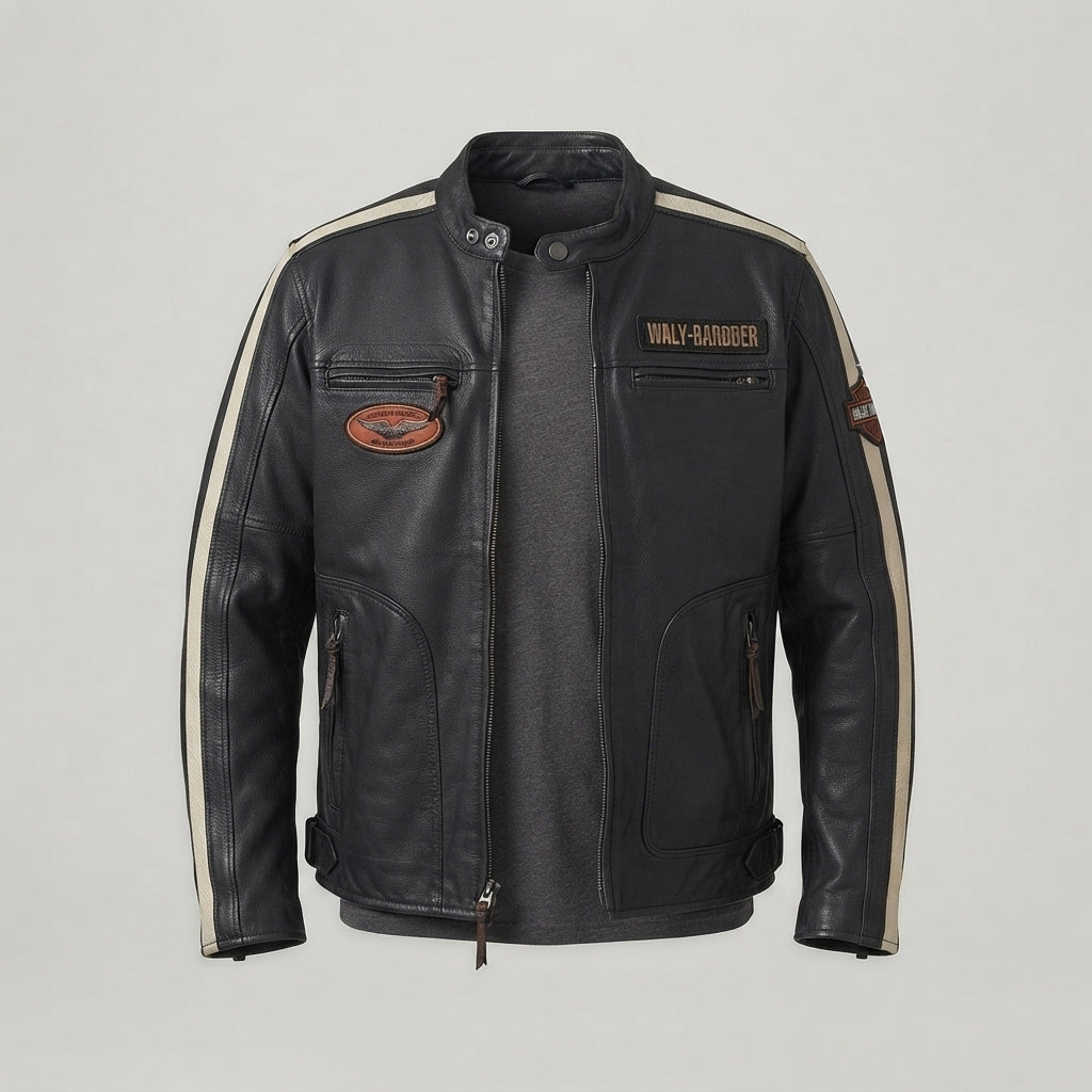 Men's Black Cafe Racer Leather Jacket – Sleeve Stripe Edition