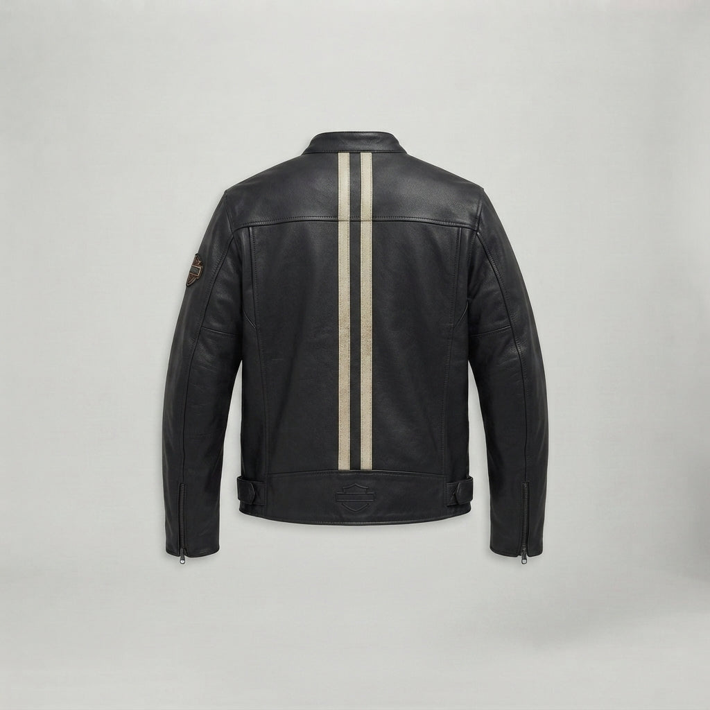 Men's Black Cafe Racer Leather Jacket – Sleeve Stripe Edition