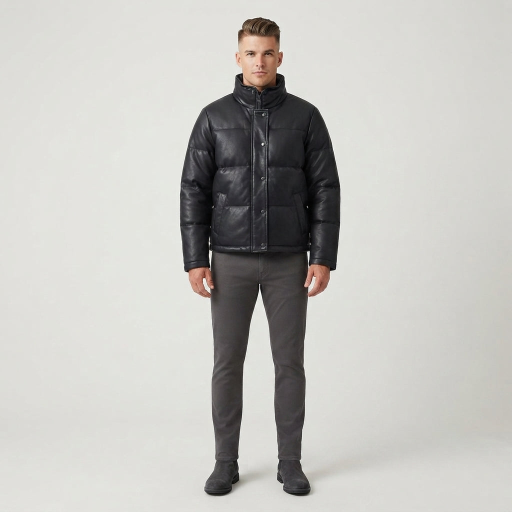 Men's Black Quilted Leather Puffer Jacket