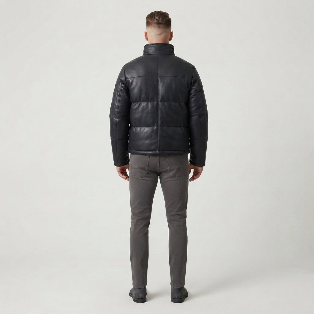 Men's Black Quilted Leather Puffer Jacket