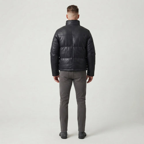 Men's Black Quilted Leather Puffer Jacket