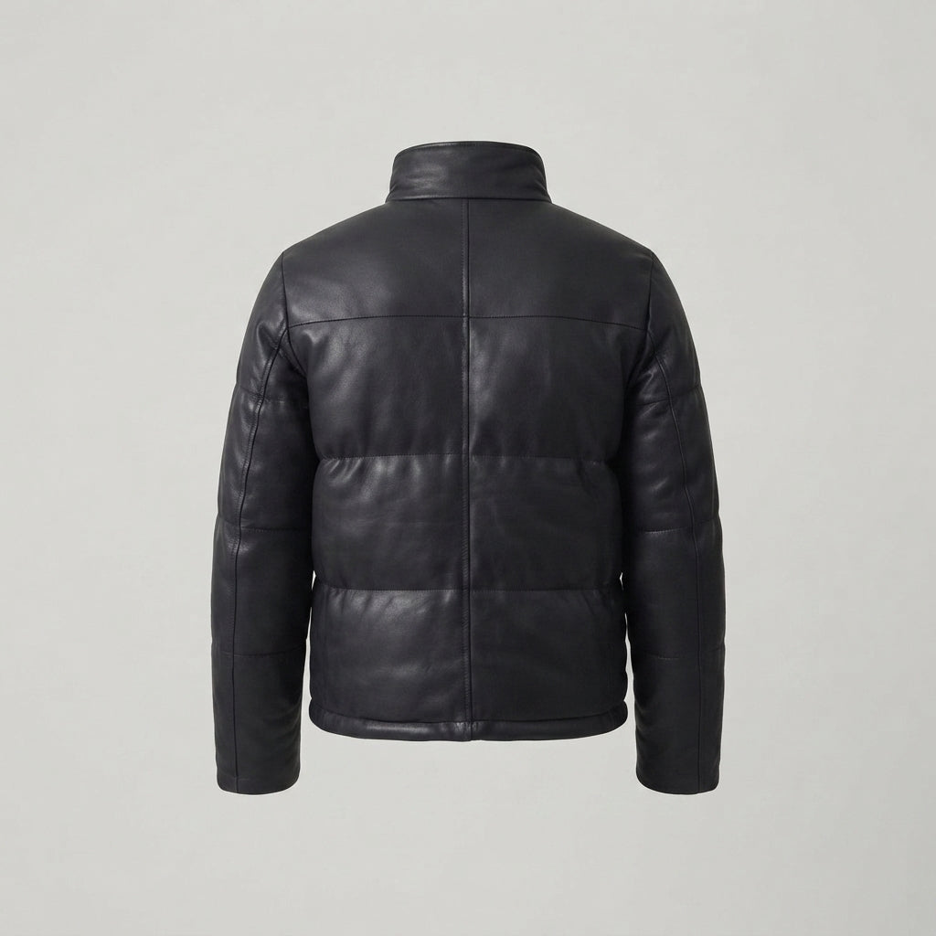 Men's Black Quilted Leather Puffer Jacket
