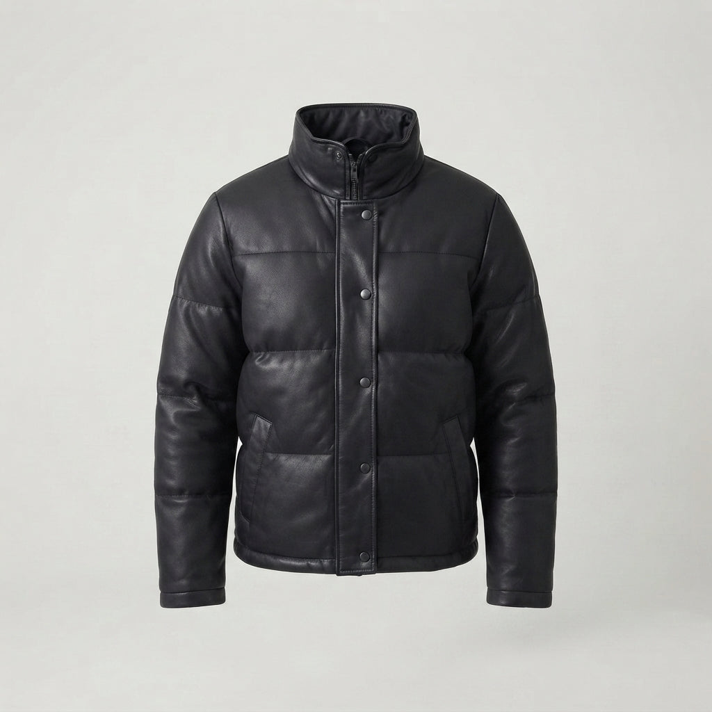 Men's Black Quilted Leather Puffer Jacket