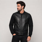 Men's Black Leather Varsity Bomber Jacket