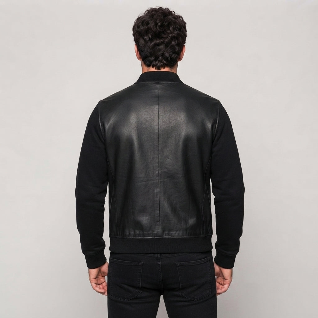 Men's Black Leather Varsity Bomber Jacket