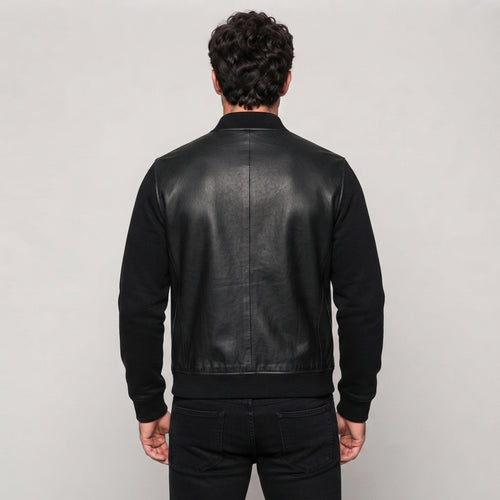 Men's Black Leather Varsity Bomber Jacket