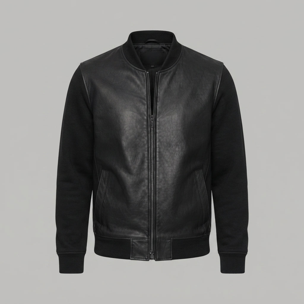 Men's Black Leather Varsity Bomber Jacket