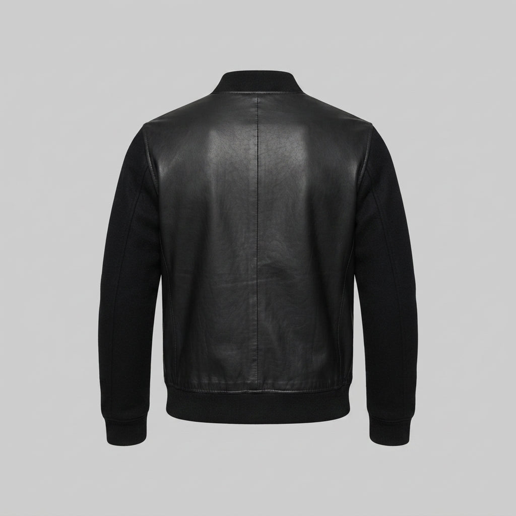 Men's Black Leather Varsity Bomber Jacket