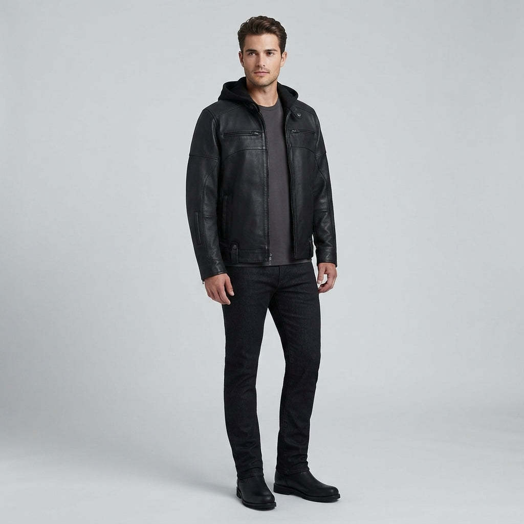 Men's Black Leather Hooded Jacket