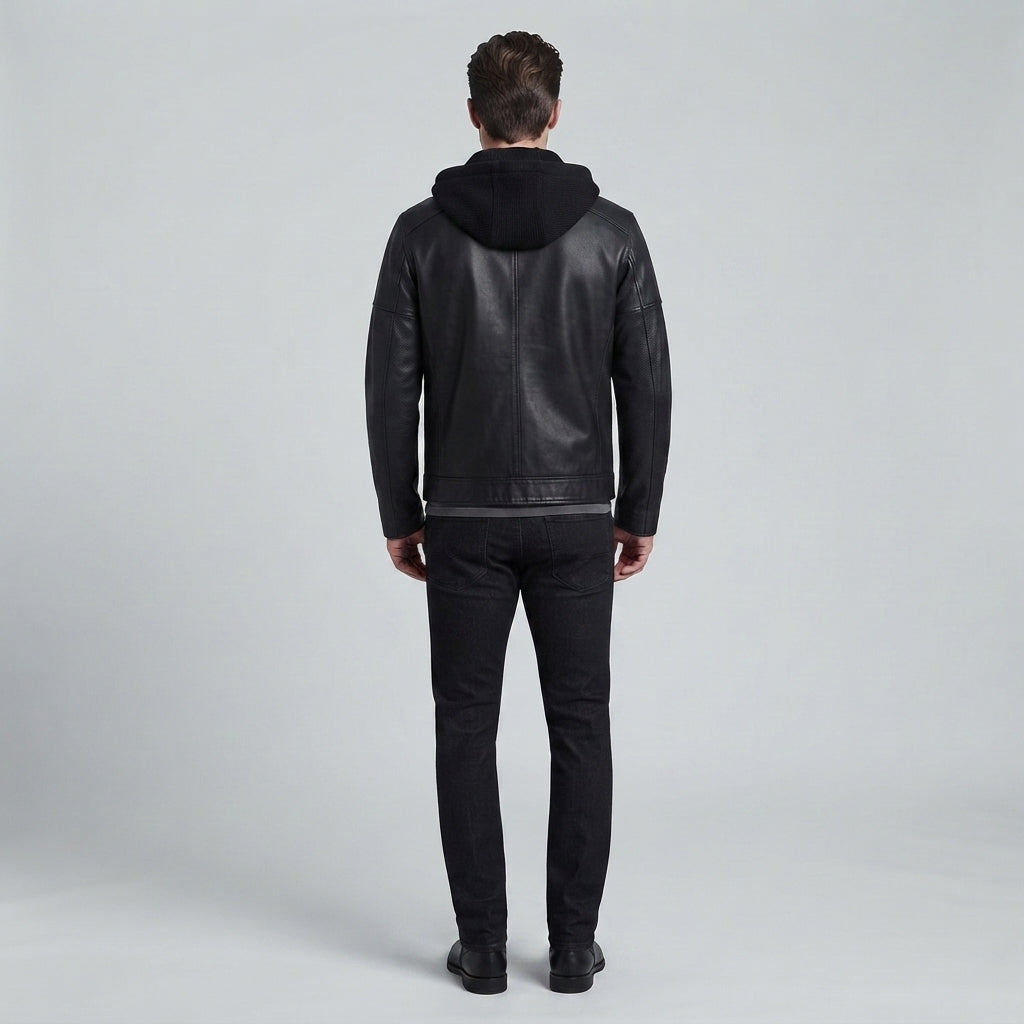 Men's Black Leather Hooded Jacket