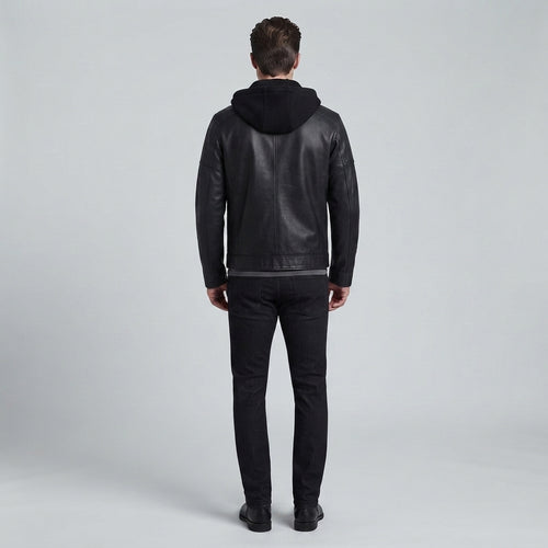 Men's Black Leather Hooded Jacket