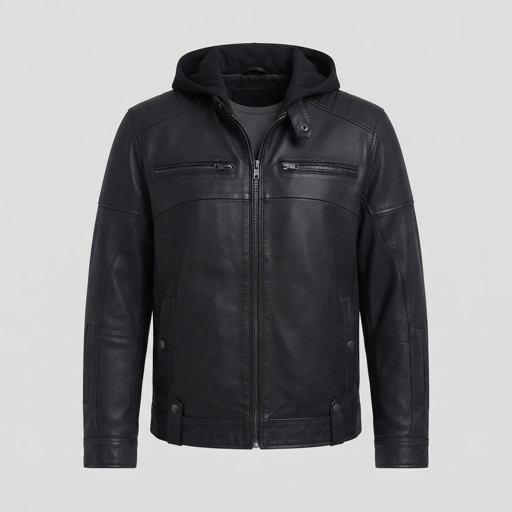Men's Black Leather Hooded Jacket